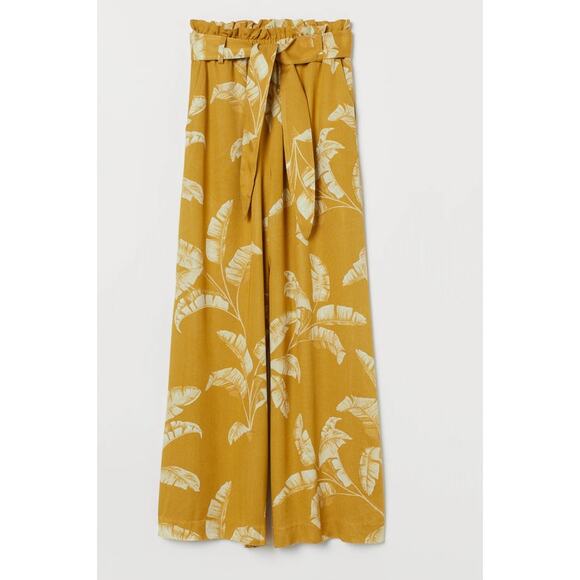 H&M Wide Leg Palazzo Pants Yellow Tropical Print Vacation Resort Wear Sz 14 NWT - Picture 1 of 10